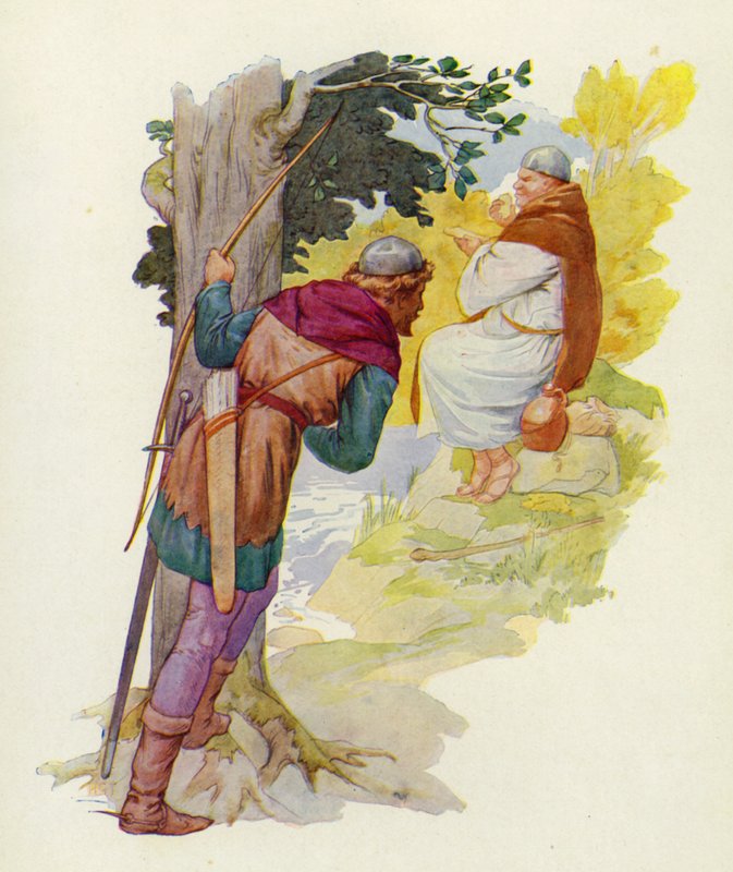 Auf einem kleinen Hügel neben der Furt nagte ein riesiger Mann an einem großen Wildpastete von Harry George Theaker