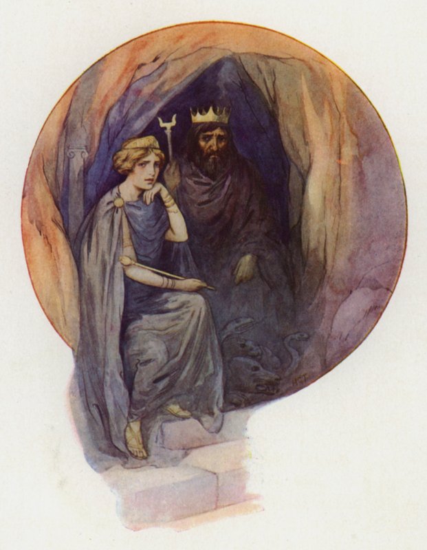 Proserpina sitzt in langen schwarzen Gewändern auf einem großen schwarzen Thron mit dem wilden schwarzen König neben ihr von Harry George Theaker