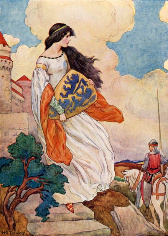 Die Prinzessin Iseult mit dem Schild von Sir Tristram von Lyonesse von Harry George Theaker