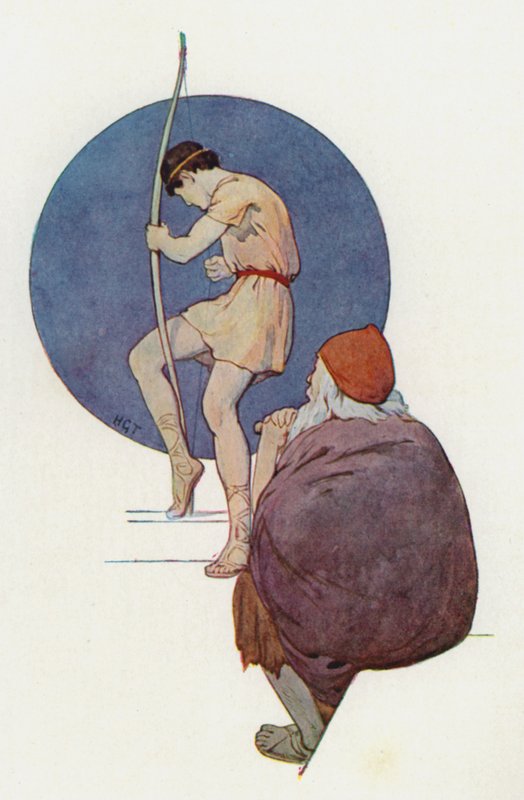 Odysseus beobachtete die Adligen, wie sie nacheinander versuchten, den großen Bogen zu spannen von Harry George Theaker