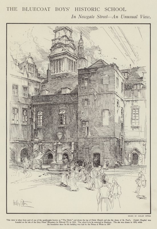 Die historische Schule der Bluecoat Boys in der Newgate Street, London (Lithografie) von Hedley Fitton