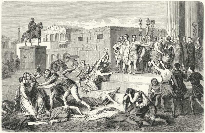 Das Triumvirat von Mark Anton, Marcus Aemilius Lepidus und Octavian verkündet Proskriptionen gegen ihre politischen Feinde, 43 v. Chr. von Heinrich Leutemann