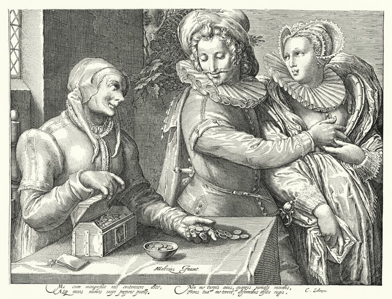 Ein junger Mann wählt die Liebe zur Schönheit statt Reichtum (Gravur) von Hendrik (after) Goltzius