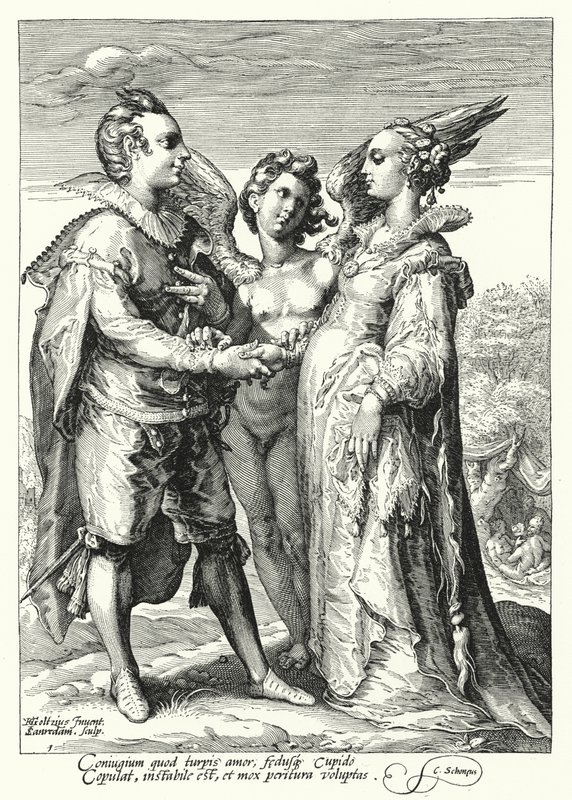 Heirat aus Liebe, vollzogen von Amor von Hendrik (after) Goltzius