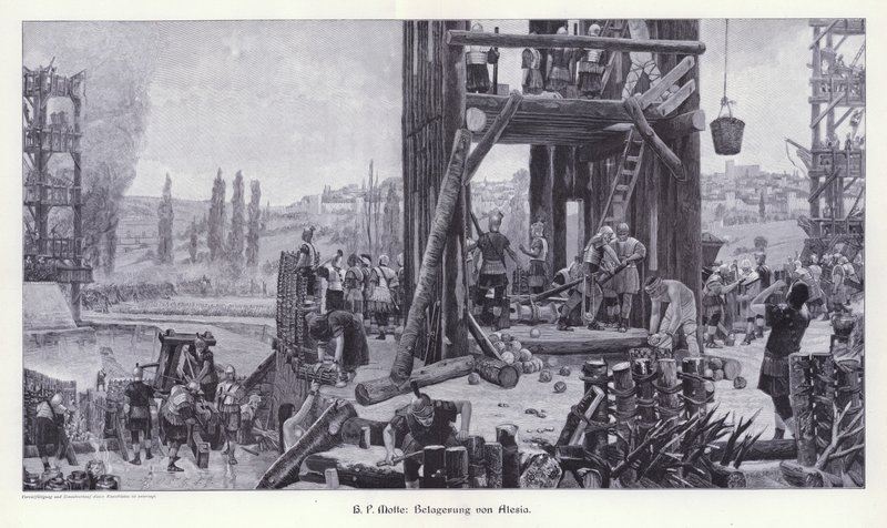 Belagerung von Alesia, Gallien, 52 v. Chr., Illustration aus Moderne Kunst in Meister-Holzschnitten von Henri Paul (after) Motte