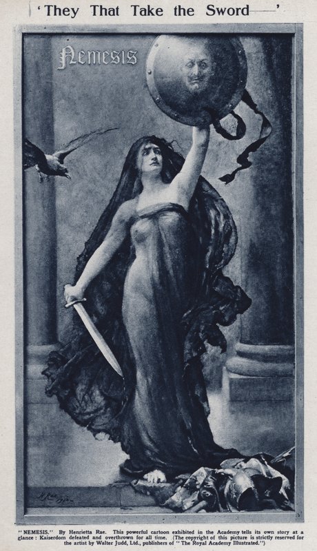 Nemesis, Karikatur zur Niederlage von Kaiser Wilhelm II. und Deutschland im Ersten Weltkrieg, ausgestellt in der Royal Academy von Henrietta (after) Rae