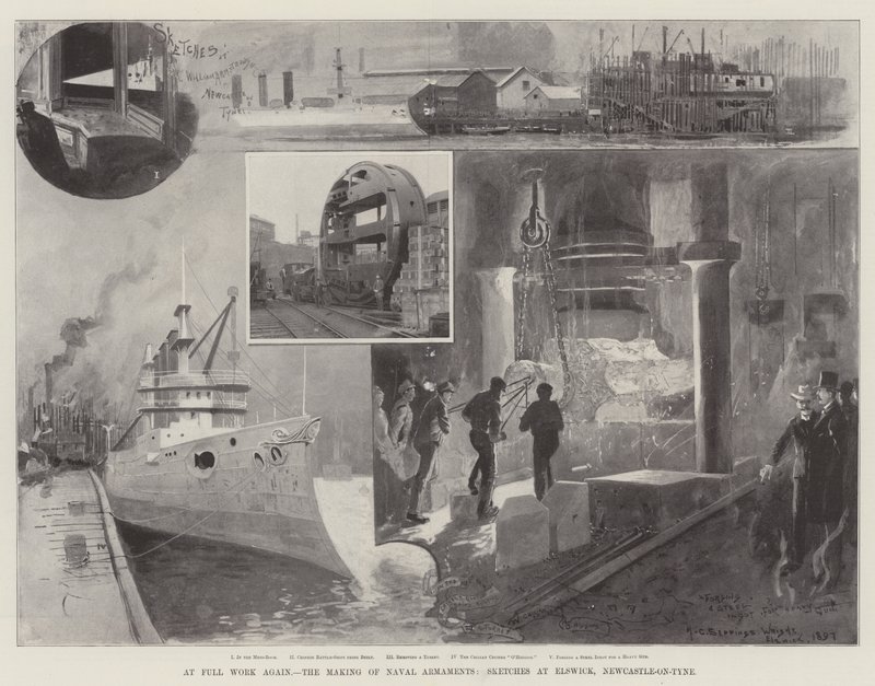 Wieder voll am Arbeiten, die Herstellung von Marinebewaffnung, Skizzen in Elswick, Newcastle-on-Tyne von Henry Charles Seppings Wright