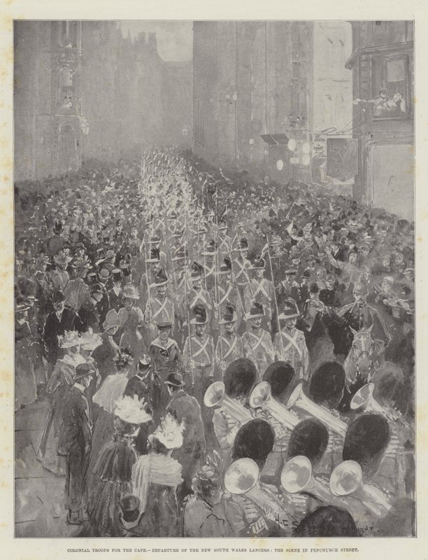 Kolonialtruppen für das Kap, Abreise der New South Wales Lancers, die Szene in der Fenchurch Street von Henry Charles Seppings Wright