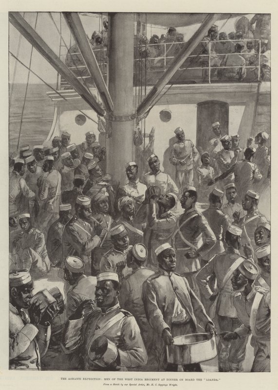 Die Ashanti-Expedition, Männer des West India Regiments beim Abendessen an Bord der Loanda von Henry Charles Seppings Wright