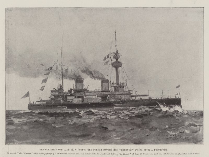Die Kollision vor Kap St. Vincent, das französische Schlachtschiff Brennus, das einen Zerstörer versenkte von Henry Charles Seppings Wright