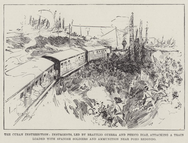 Der kubanische Aufstand, Aufständische unter der Führung von Brauilio Guerra und Perico Diaz greifen einen Zug mit spanischen Soldaten und Munition in der Nähe von Pozo Redondo an von Henry Charles Seppings Wright
