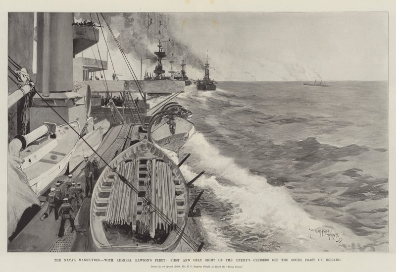 Die Marine-Manöver, mit Admiral Rawsons Flotte, erster und einziger Anblick der feindlichen Kreuzer vor der Südküste Irlands von Henry Charles Seppings Wright