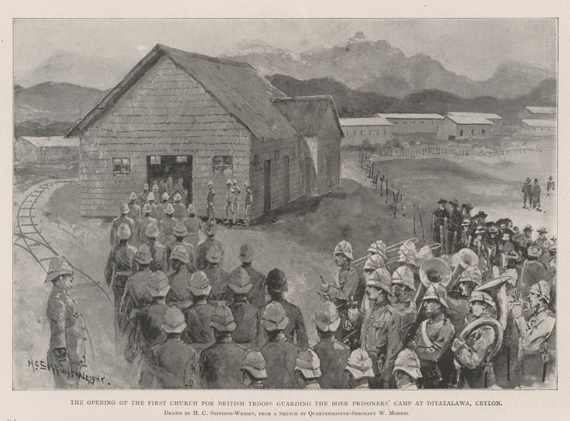 Die Eröffnung der ersten Kirche für britische Truppen, die das Buren-Gefangenenlager in Diyatalawa, Ceylon, bewachen von Henry Charles Seppings Wright