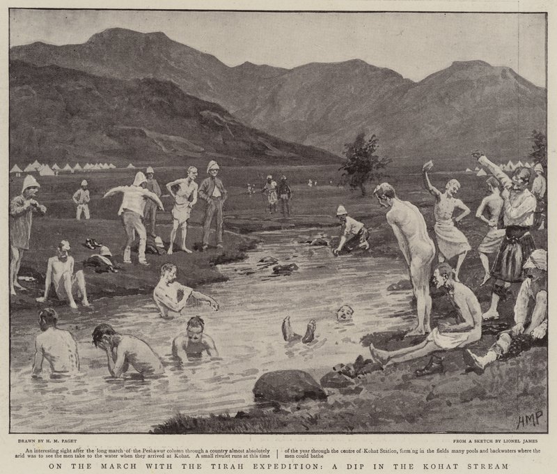 Auf dem Marsch mit der Tirah-Expedition, ein Bad im Kohat-Strom von Henry Marriott Paget