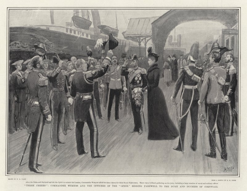 Drei Hurra, Kommandant Wemyss und die Offiziere der Ophir verabschieden sich vom Herzog und der Herzogin von Cornwall von Henry Marriott Paget