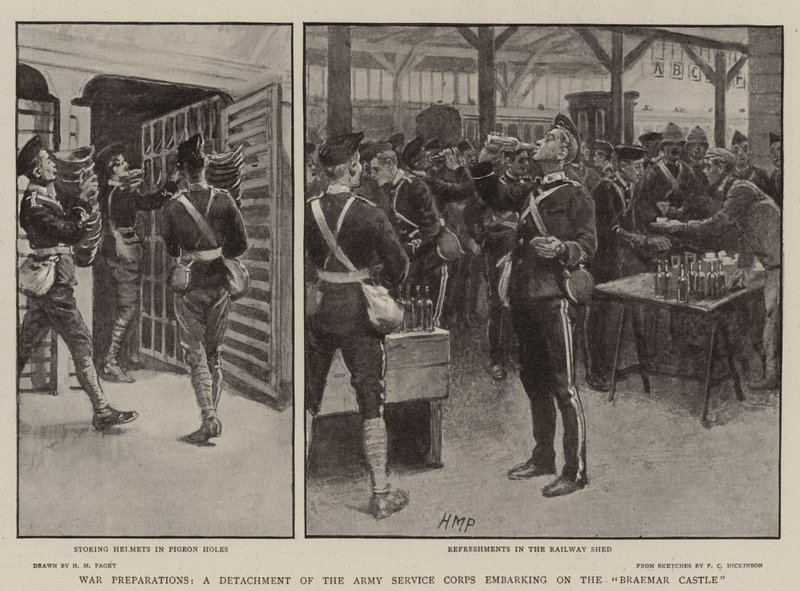 Kriegsvorbereitungen, eine Abteilung des Army Service Corps geht an Bord der Braemar Castle von Henry Marriott Paget