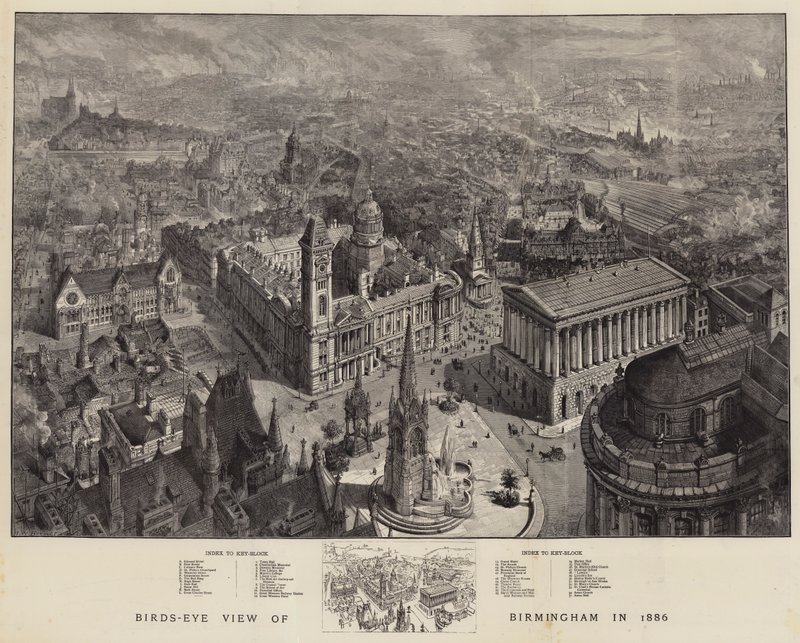 Vogelperspektive von Birmingham im Jahr 1886 von Henry William Brewer