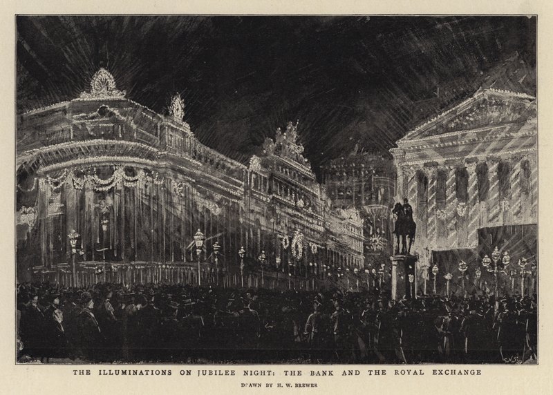 Die Beleuchtungen in der Jubiläumsnacht, die Bank und die Royal Exchange von Henry William Brewer