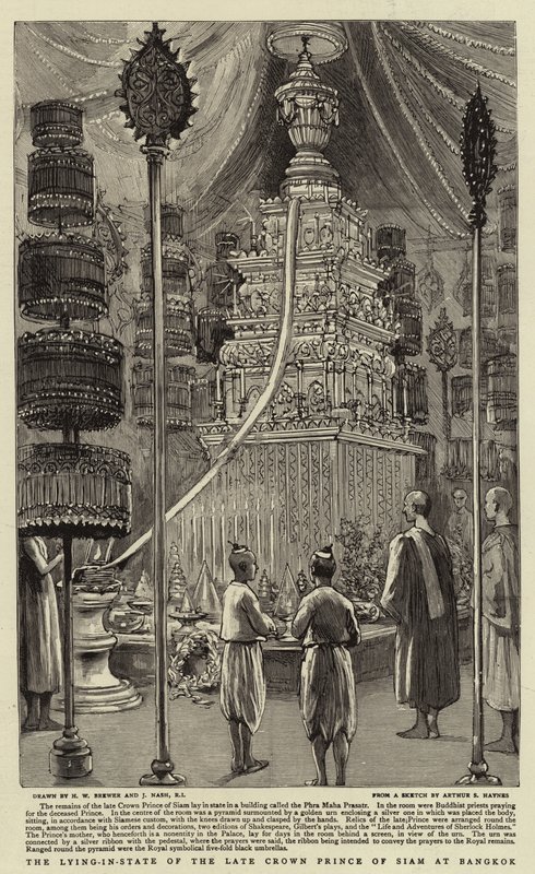 Die Aufbahrung des verstorbenen Kronprinzen von Siam in Bangkok von Henry William Brewer