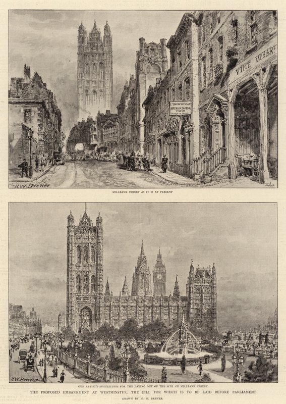 Der vorgeschlagene Damm bei Westminster, dessen Gesetz dem Parlament vorgelegt werden soll von Henry William Brewer