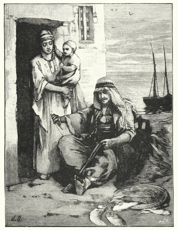 Ein Fischer, der seine Netze repariert, See von Tiberias (Lithografie) von Henry Andrew Harper