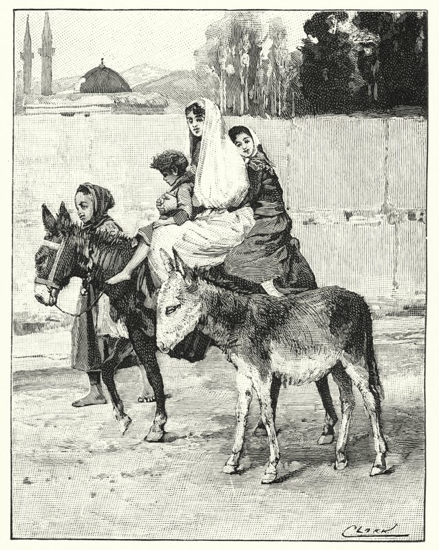 Mehrere Personen reiten auf einem Esel (Lithografie) von Henry Andrew Harper