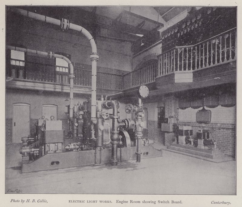Maschinenraum mit Schalttafel, Elektrizitätswerk, Canterbury, Kent (s/w Foto) von Henry Beauchamp Collis