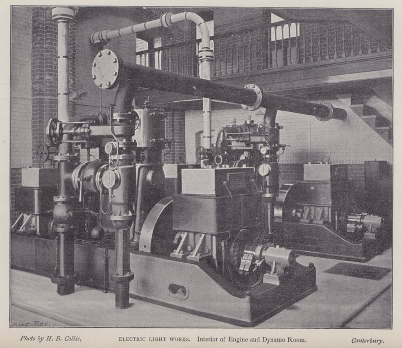 Innenraum des Maschinen- und Dynamo-Raums, Elektrizitätswerk, Canterbury, Kent (s/w Foto) von Henry Beauchamp Collis