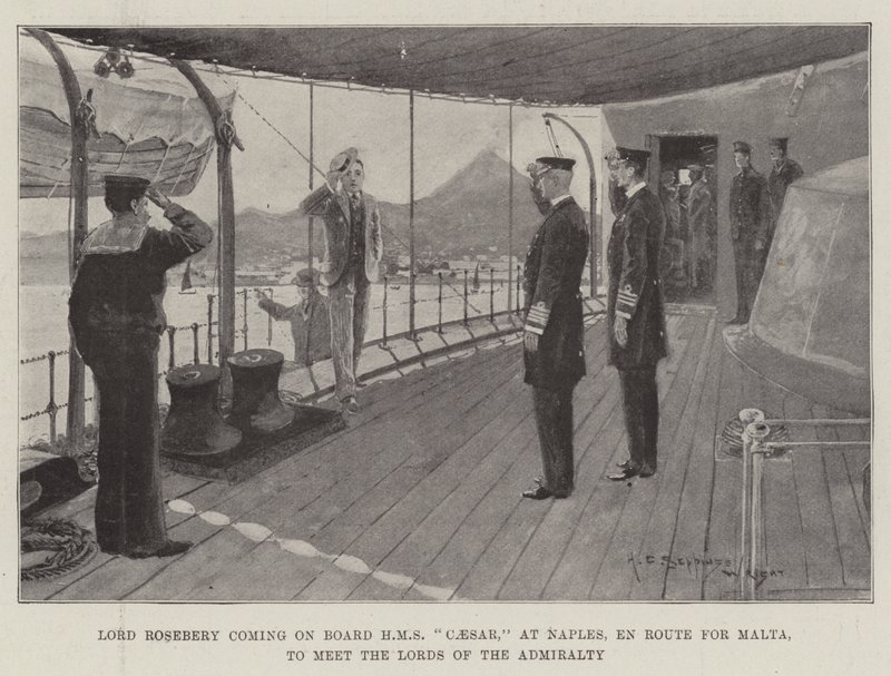 Lord Rosebery kommt an Bord der HMS Caesar in Neapel, auf dem Weg nach Malta, um die Lords der Admiralität zu treffen von Henry Charles Seppings Wright