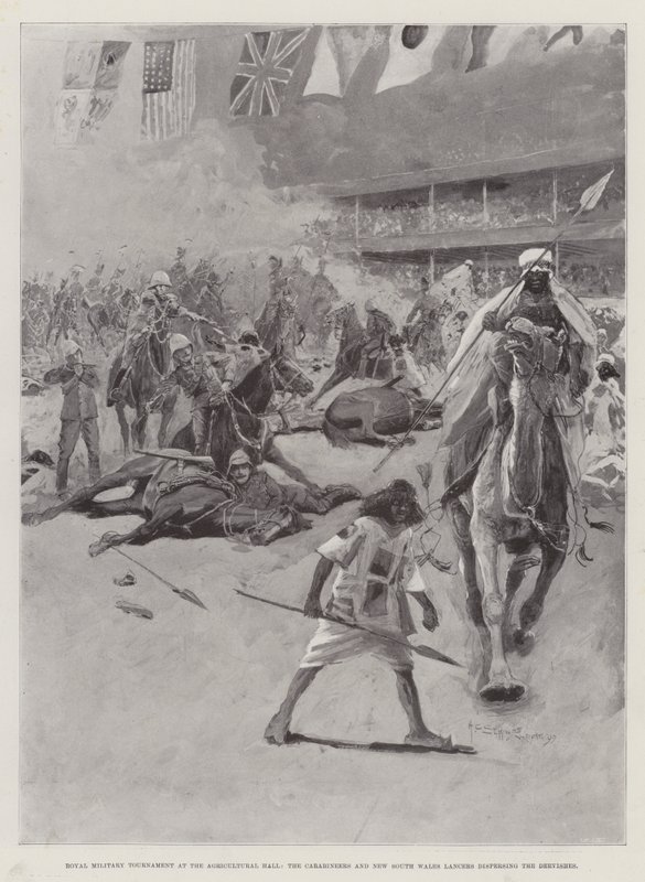 Königliches Militärturnier in der Landwirtschaftshalle, die Karabiniers und die New South Wales Lancers zerstreuen die Derwische von Henry Charles Seppings Wright