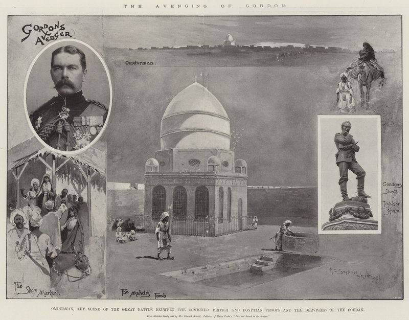 Die Rache an Gordon, Omdurman, die Szene der großen Schlacht zwischen den kombinierten britischen und ägyptischen Truppen und den Derwischen des Sudan von Henry Charles Seppings Wright