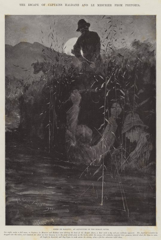 Die Flucht der Kapitäne Haldane und Le Mesurier aus Pretoria von Henry Charles Seppings Wright