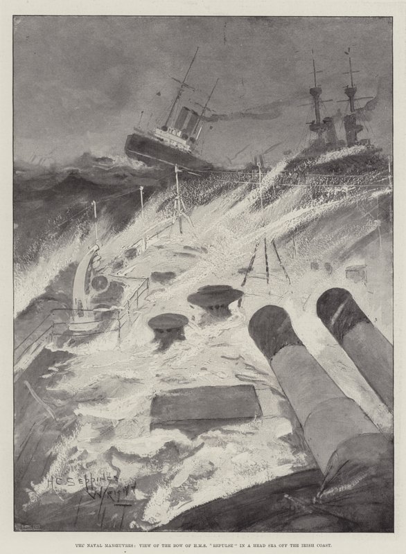 Die Marine-Manöver, Ansicht des Bugs der HMS Repulse in schwerer See vor der irischen Küste von Henry Charles Seppings Wright