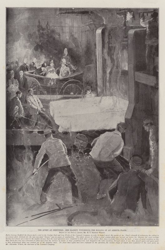 Die Königin in Sheffield, Ihre Majestät beobachtet das Walzen einer Panzerplatte von Henry Charles Seppings Wright