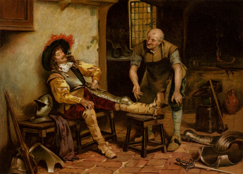Eine prächtige Passform, ein Mann wird mit Rüstung ausgestattet von Henry Gillard (after) Glindoni