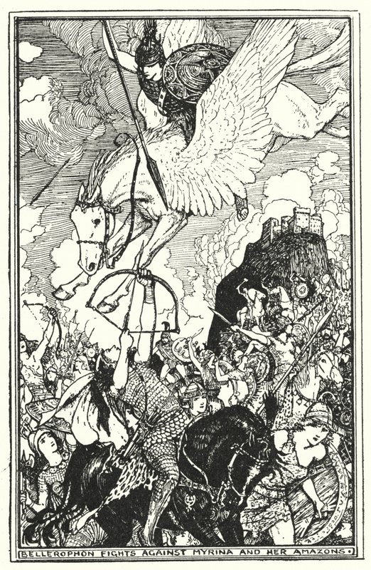 Bellerophon kämpft gegen Myrina und ihre Amazonen (Lithografie) von Henry Justice Ford