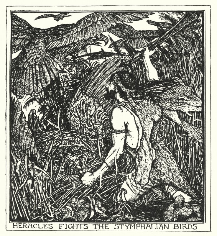 Herakles kämpft gegen die Stymphalischen Vögel (Lithografie) von Henry Justice Ford