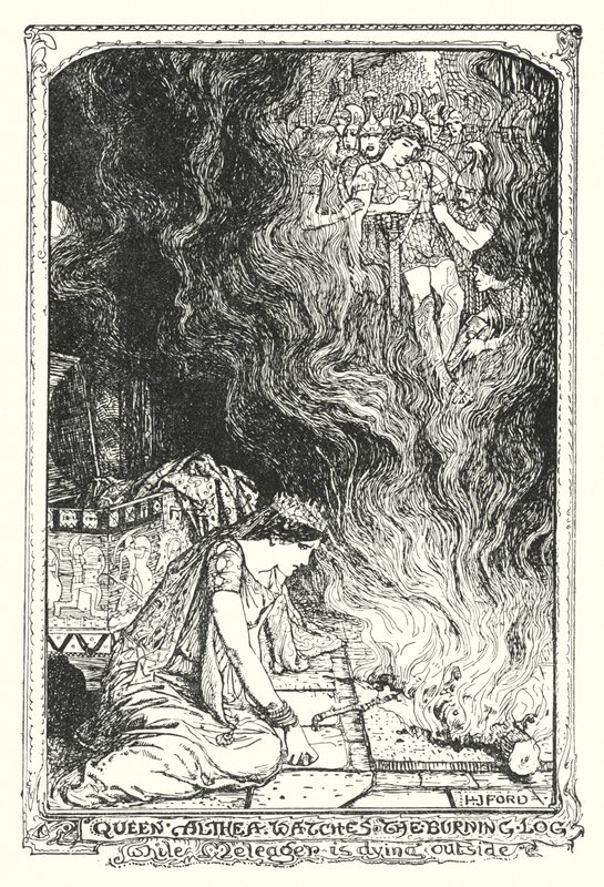 Königin Althea beobachtet den brennenden Scheit, während Meleager draußen stirbt (Lithografie) von Henry Justice Ford