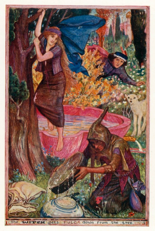 Die Hexe holt Pulga vom Baum herunter (Farblithografie) von Henry Justice Ford