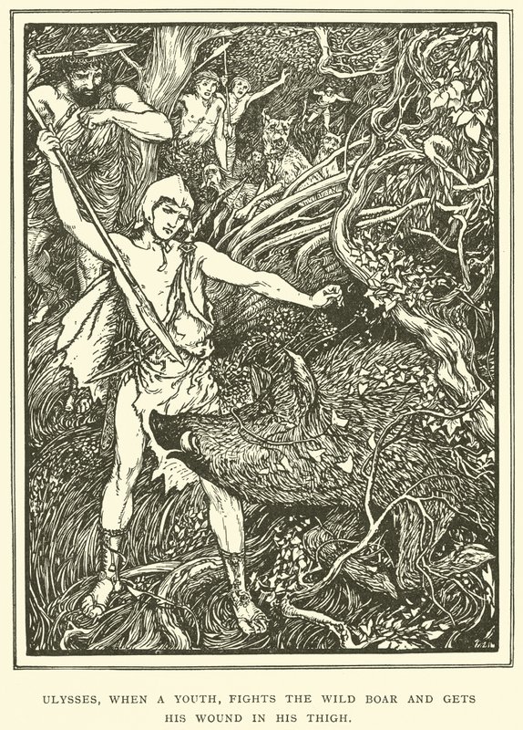 Odysseus kämpft als Jugendlicher gegen den Wildschwein und bekommt seine Wunde am Oberschenkel von Henry Justice Ford