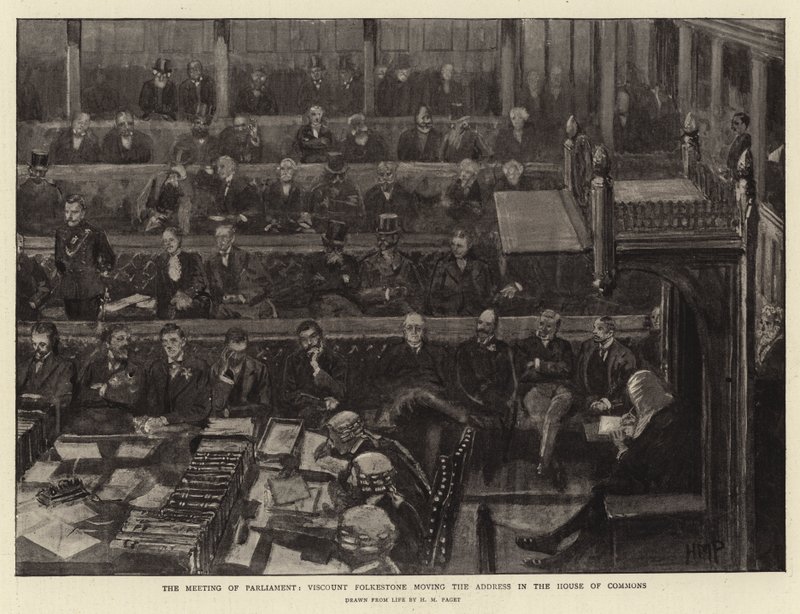 Die Eröffnung des Parlaments, Viscount Folkestone hält die Ansprache im Unterhaus von Henry Marriott Paget