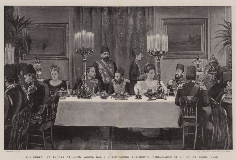 Der Sultan der Türkei zu Hause, Abdul Hamid unterhält den britischen Botschafter beim Abendessen im Yildiz Kiosk von Henry Marriott Paget