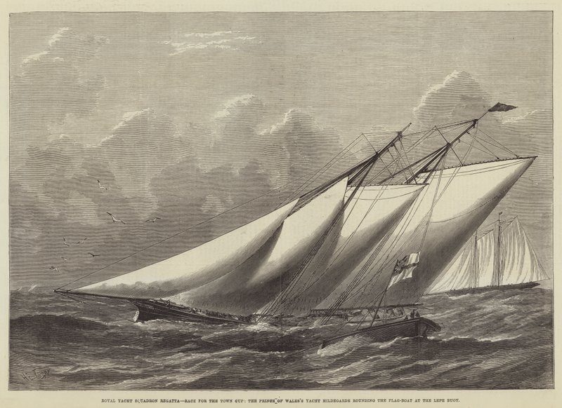 Regatta des Royal Yacht Squadron, Rennen um den Stadtkelch, die Yacht Hildegarde des Prinzen von Wales rundet das Flaggenboot an der Lepe-Boje von Henry Spernon Tozer