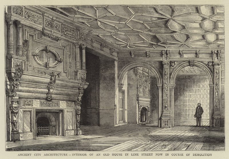 Antike Stadtarchitektur, Innenraum eines alten Hauses in der Lime Street, das jetzt abgerissen wird von Henry William Brewer