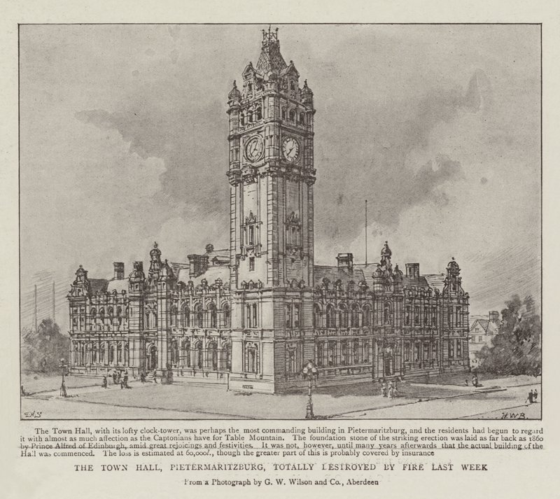 Das Rathaus von Pietermaritzburg, letzte Woche vollständig durch Feuer zerstört von Henry William Brewer