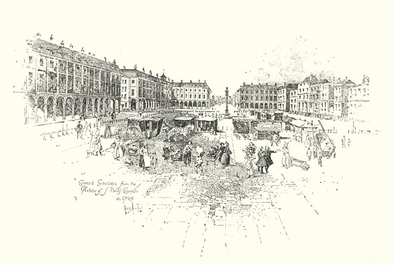 Covent Garden von der Vorhalle der St. Pauls Kirche, London, 1749 (Lithografie) von Herbert (after) Railton