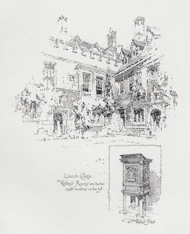 Kanzel, die vom englischen methodistischen Prediger John Wesley benutzt wurde, und seine Zimmer im Lincoln College, Oxford von Herbert (after) Railton