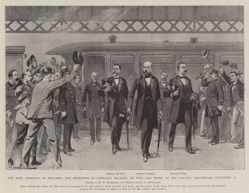 Die Buren-Generäle in Holland, der Empfang der Generäle Delarey, De Wet und Botha am Bahnhof, Amsterdam, 11. September von Hermanus Willem Koekkoek