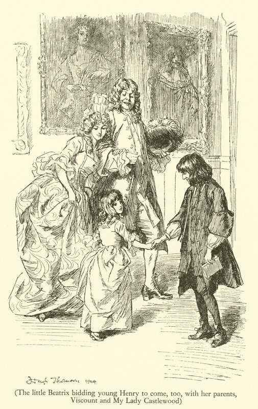Die kleine Beatrix fordert den jungen Henry auf, mit ihren Eltern, Viscount und My Lady Castlewood, zu kommen (Gravur) von Hugh Thomson