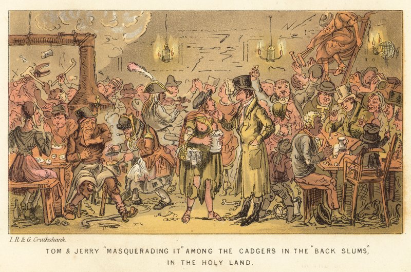 Tom und Jerry maskieren sich unter den Bettlern in den Hinterhöfen im Heiligen Land von Isaac, Robert and George Cruikshank